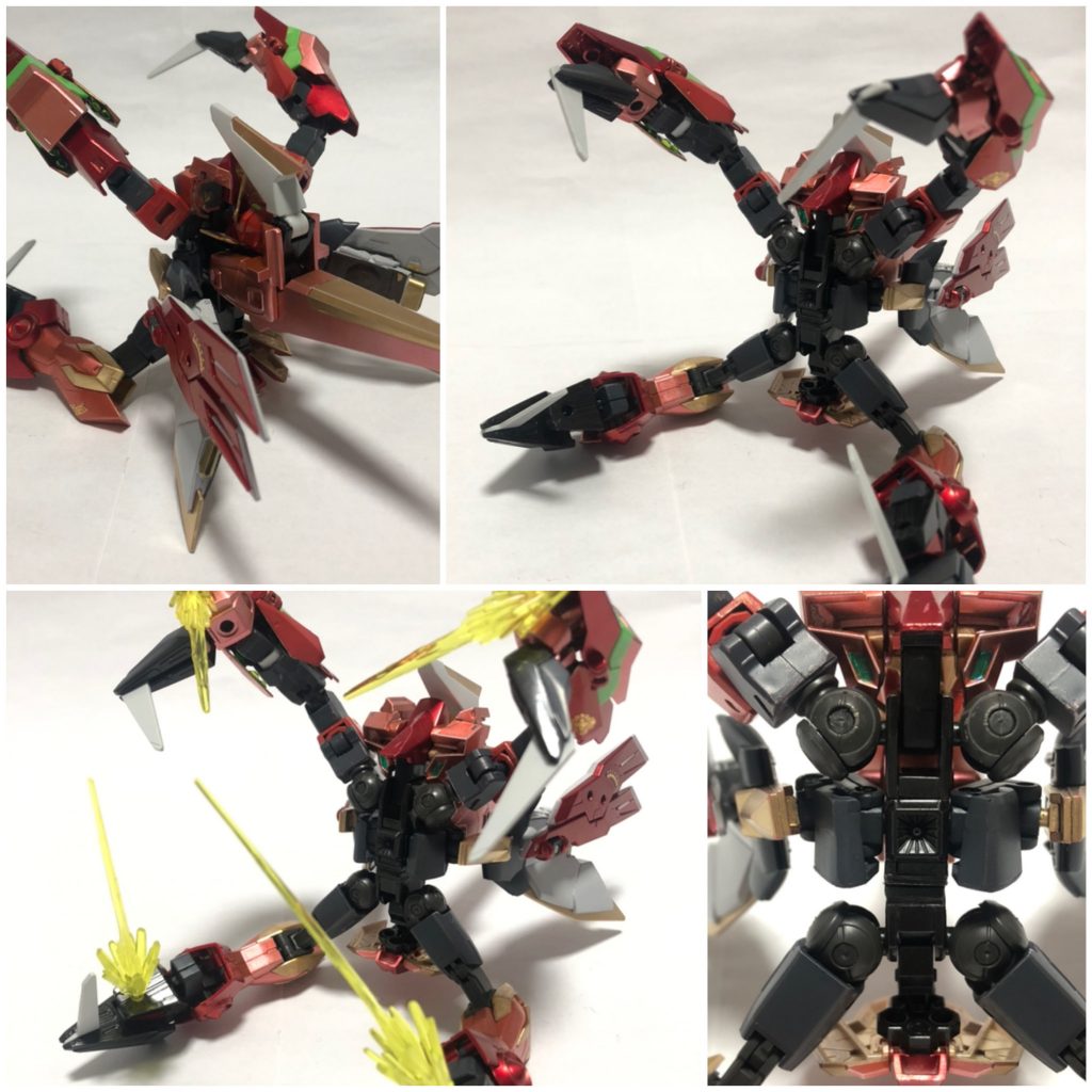 さらに変態変形と言われる所以になったと思われる強襲戦闘モード！今回の改造はたまたまネットで見たイージスの改造している方が手足の接続に球体関節を使っていたのがカッコよくてマネしたのとイージスの手足の爪を使うことがテーマでした球体関節は鉄血のガンダムフレームから強奪しました(参考元の改造ではダブルオー系の物を使ってました)