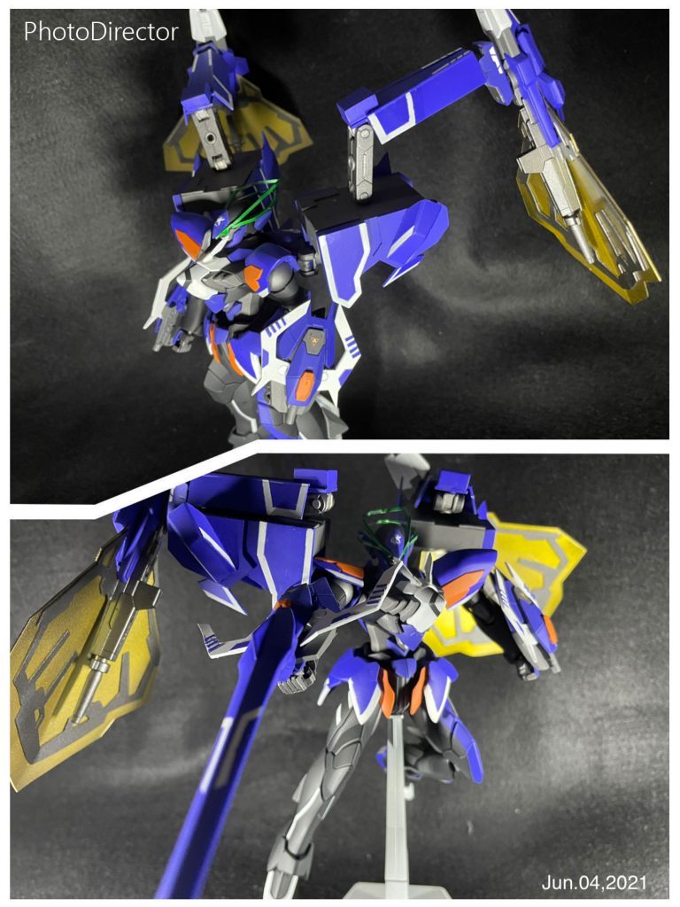 【ウイングシルエット】肩、腕の可動域を狭める増加装甲を機体後方にずらし近接戦闘を行いやすくした状態。展開した増加装甲はウイングスラスターとして使用する。【ゼイドラソードBH】機体背面に尻尾のように装備されている実体剣をボルトファランクスのビームバルカンに接続して使用する兵装。