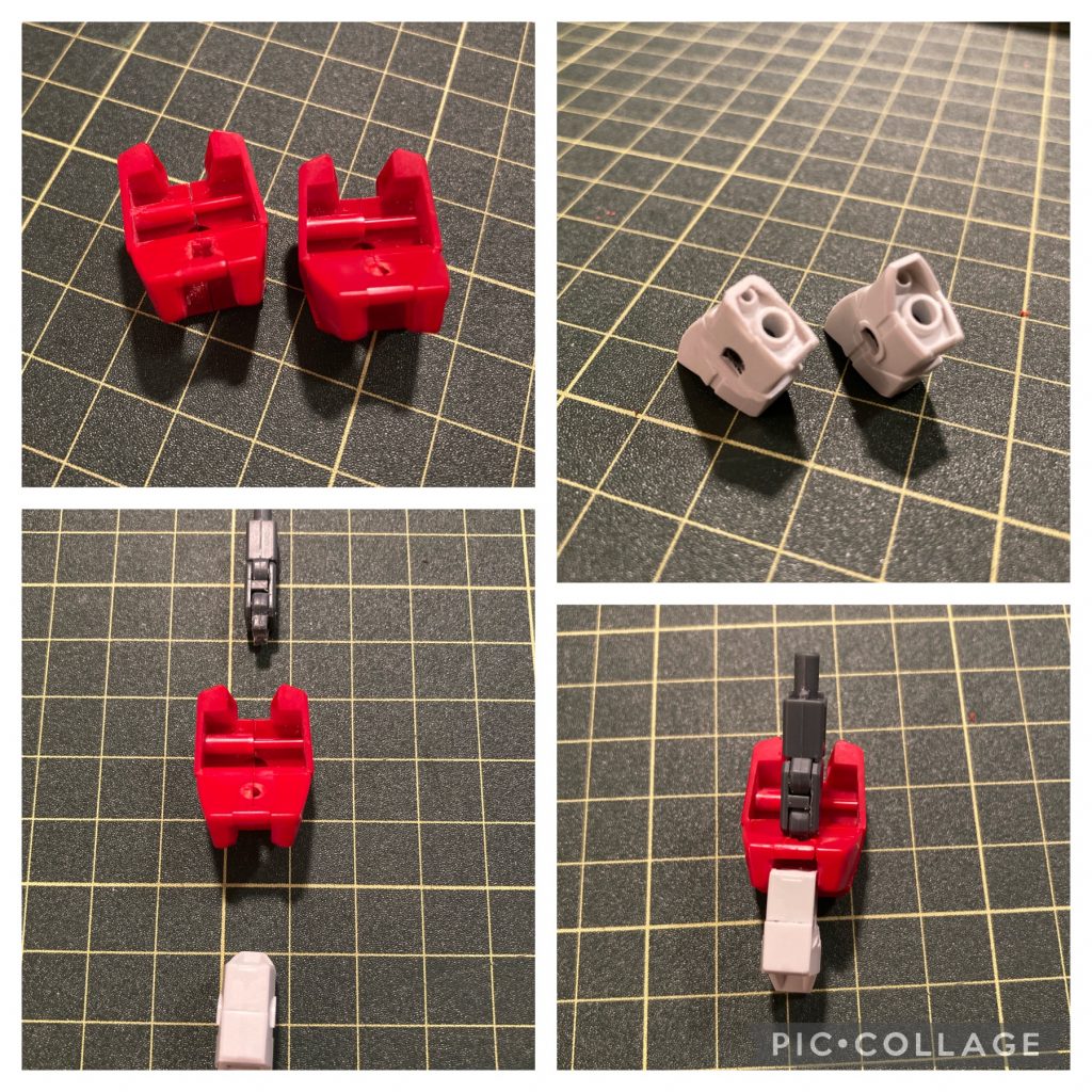 ここから作業工程です。まずは腕から。最初はリボーンズガンダムの腕をそのまま付けるつもりでしたが、長すぎたので太陽炉接続部分をひっくり返し、マニピュレーター回転部分を削り、BD3の関節の下部分を切り飛ばして無理やりくっつけました。せっかくのリニューアル版BD3の優秀な腕を使わなきゃ勿体ないと感じたので頑張りました❗こだわりポイントその1です(*´▿`*)この後パテを盛って形を整えたのですが、左右の形が同じにならないと加工しまくってプラ板を貼ったり、腕が寂しいとディテールを増やしたり、それだけだとThe･くっつけました感があり違和感を感じていたのでリボーンズ腕の黄色い装甲をくっつけた結果、今のゴツい腕が出来ましたw腕のディテールはダブルオーの腕を参考にしてます。BD3の関節を移植したおかげで