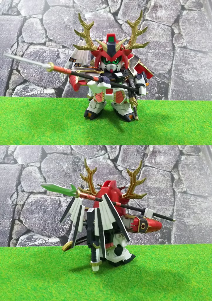 腕の可動範囲拡大により槍の両手持ちを実現しました。兜の鹿角を真田幸村頑駄無のものに変更し迫力アップ。扇子龍(ファンネル)を3x2から6x2に変更しています。