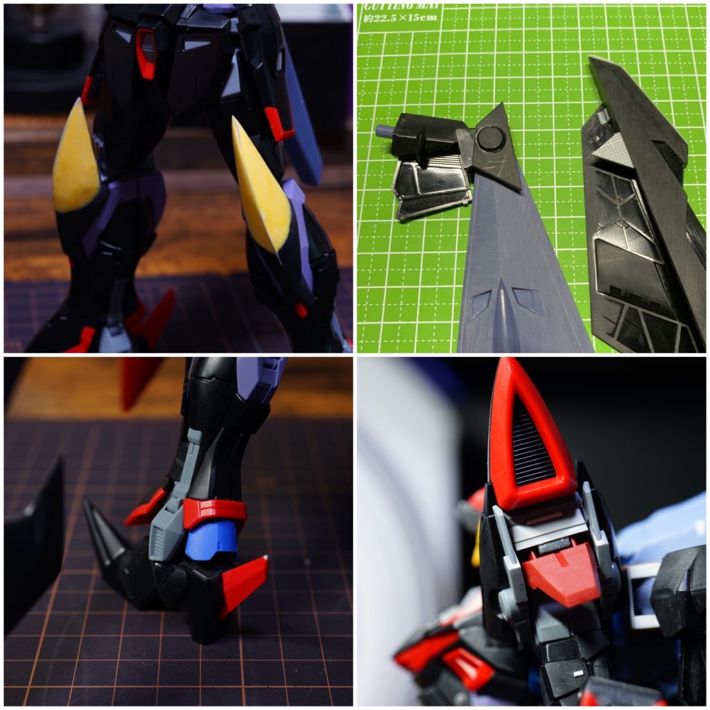 主な工作。膝の形状変更元のパーツにプラ板でガイドを作りパテを盛りヤスって形を整えました。マガノイクタチの合わせ目消しは画像の部分で切り取り塗装後に接着しました。足は天ミナのものと交換、脚部との間に若干の隙間が出来たのでジャンクパーツで外装を延長しています。ショルダーパーツにも腕との接続部分が丸見えの部分があったのでジャンクパーツとプラ板で外装を追加しました。