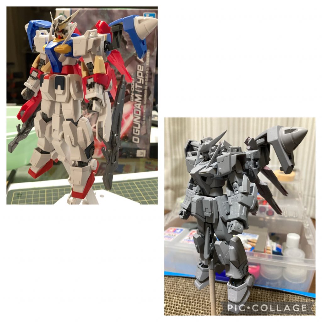 最後にサフ前とサフ萌えを( *¯ ꒳¯*)この時が一番カッコイイというけど本当にその通りだと思いますw サフ前でのトリコロールカラーも意外と悪くなかったので、塗装する時にちょっと悩みました笑他にはマスキングで塗り分けとかもしました！が、これもまたはみ出ていたり上手く色が載っていなかったりしてました( ˊᵕˋ ;)💦そこを筆塗りで補った部分もあるのでよく見るとちょっと雑な部分もあったりします。エアブラシを使うのは初めてでは無いのですが、途中でやめてしまったのでこれがエアブラシ塗装で完成した初作品ということになります。いつかやめてしまった機体もここに載せるつもりでいます(ΦωΦ)