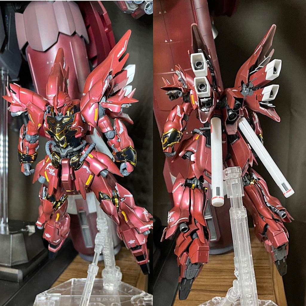 シナンジュはRGにしました！キャンディー塗装で奥行きのあるネオジオングに合わせた深い赤を表現しました　トップコートは光沢です！