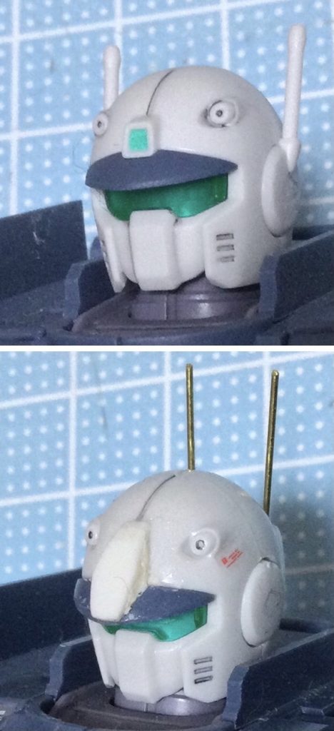 オリジン版ガンキャノンは最初期型という事でダウングレードなデザインになっています。自分的に気になったのは三本指のマニュピレーター、顔面のひさしとアンテナまわり、あとは試作機らしい左右非対称のキャノン砲関係。このあたりをいじればかっちょいいガンキャノンになるのではないかと。まずはヒサシ部分をプラ板とパテで整形し、真鍮線でアンテナをシャープ化。…ところで、なんで2機作ったのかというと、どうせならカイ・ハヤト機揃えたいってのもありますが、今回は「他キットのパーツ取りは基本的に行わない(不要パーツを出さない)」という、アースノイド的に地球環境にもお財布にも優しいテーマを自分に課しました。いや2個買ってる時点でお財布には優しくなかった。