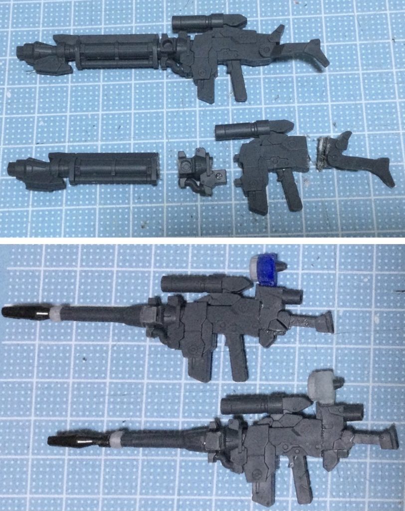 難関だったのが実は武器でした。ほとんど本体が仕上がった状態で、ライフルのためだけにリバイブガンキャノンを2個買うのはちょっとありえないですよね?そうですよね‼︎このビームライフルのデザインって、思ってたより独自性が強くて、他にないって感じ。中距離支援機だから砲身も長めでカッコいい。バンダイさんに部品注文しようかとも思いましたが、日数もかなりかかるので今回は30MMシリーズの武器を改造しました。親の仇かっていうぐらい切り刻んで再構築。先っぽだけはそのへんにあったG -Flame(食玩)の先っちょを付けました。先っちょだけ!🙏先っちょだけよ!!スコープ部分はガンダムのライフル部品をDAISOおゆまる君で型取りからのseriaのUVレジンで複製。レンズまわりはビルダーズパーツ。ところでバンダイさん、公式ビルダーズパーツとビルドナックルズ系の再販したら馬鹿みたいに売れると思うんだけどねぇ🤔