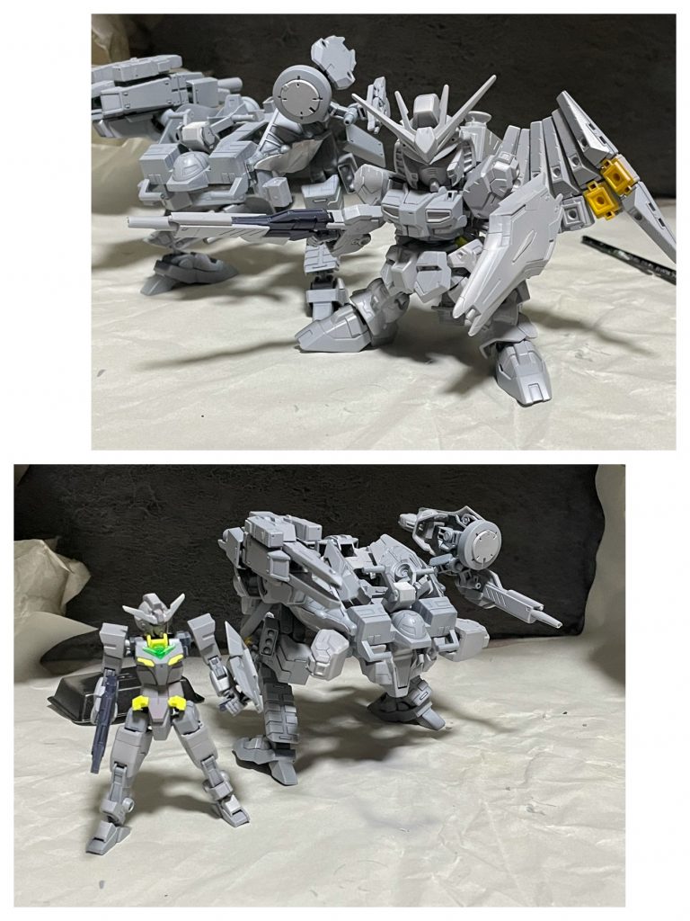 サフ状態です。水性ホビーの水性サーフェイサー1000を使ってみました。主塗装も主に水性ホビーカラーを使用してます。スミ入れにMr. ウェザリングカラー、トップコートは水性ホビーカラーのつや消しクリアを使いました。一部、アクリジョン やガンダムマーカーも使用。ジュピターヴアーマーはいつも通り、スミ入れ、ドライブラシ、つや消しのみの手抜き仕上げです。