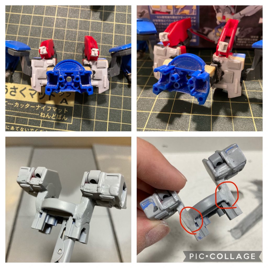 バックパックです。多分1番苦労した部分。Oガンダムのビームサーベルの部分を切り飛ばし、ダブルオーのバックパックも真ん中で切った後リボーンズのブースターと合わせ、内側をプラ板で蓋をしてパテを延長しながらくっつけました。真っ直ぐに、太さが均一になるように、そして平行になるようにするのが大変でした。ブースターの裏側は何も無いと何だかのっぺりしていたので同じく公式カスタムパーツの装甲の物を貼り付けました。作っていて唯一イマイチだと思ったところです。最初はモールドを掘ろうとも考えていました。もう少しいい方法があれば良かったのですが😅加えてボディにかけての凸凹(赤丸のところ)を滑らかにするのも大変でした。くっつけた後なのでヤスリで削りづらくて…でもなんとかやり遂げましたv(・∀・*)