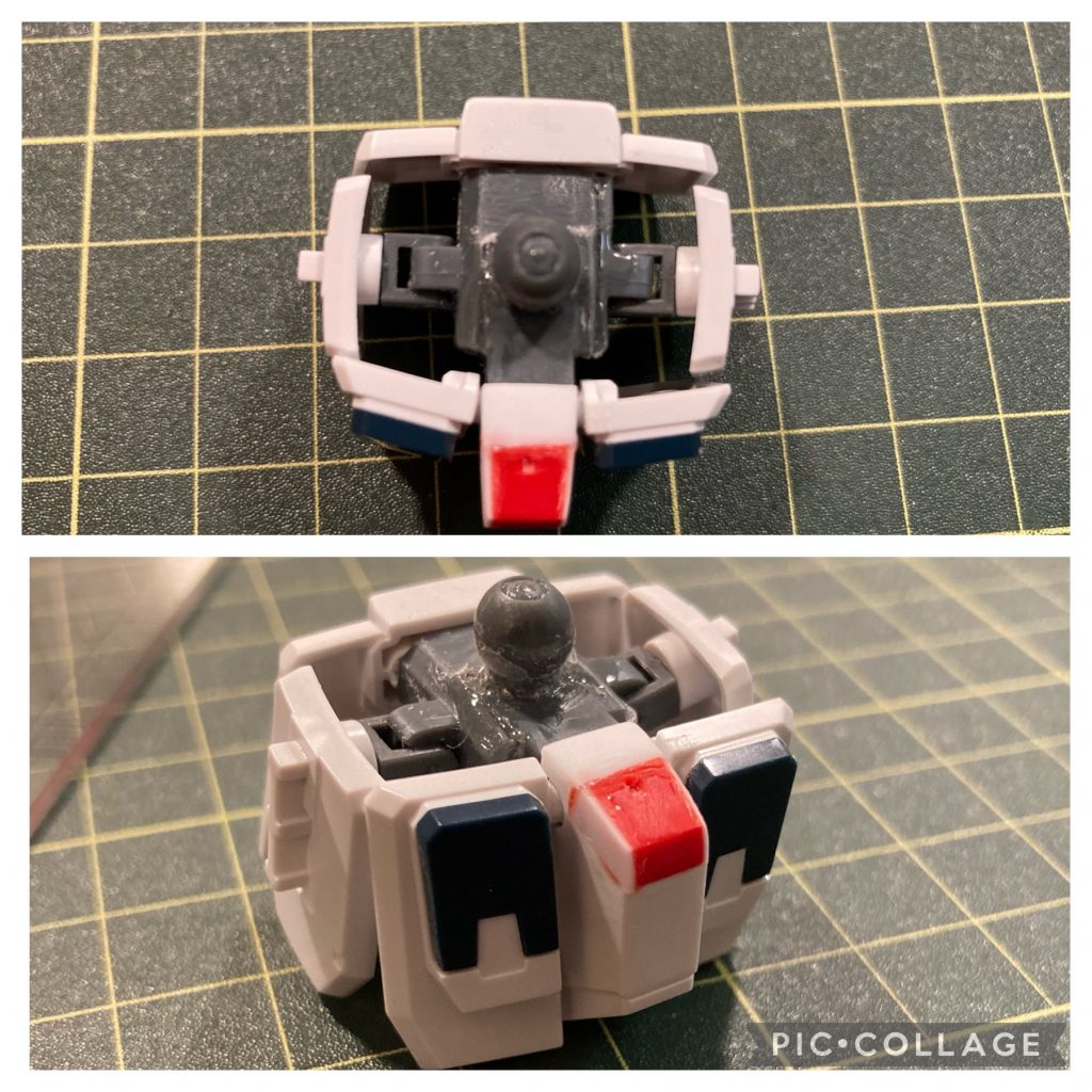 腰アーマーです。普通にBD3の腰を付けるとOガンダムの胴体と大きさが合わず、不自然な形になるのでサイドアーマー接続部の内側を削ってウエストを締めました。これもGUNSTAの先人の知恵です( *¯ ꒳¯*)  GUNSTAさんと知恵の持ち主さんには勝手ながら助けてもらってます!!🙏赤い部分はそのままだと腰を回す時に胴体と干渉するので引っ込めました。違和感なく出来て良かった〜ε-(´∀｀*)写真には写ってないですが、サイドアーマーはマガジン接続部を削り、上から公式カスタムパーツの装甲のやつ(名前忘れた)を付けました。実弾兵器は使わないので😁