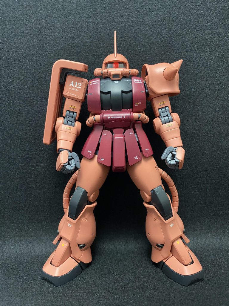 何も持たずに正面から。普段ガンダムタイプばかり使ってるので、ジオンの機体を作ると大変マッチョに見えます。