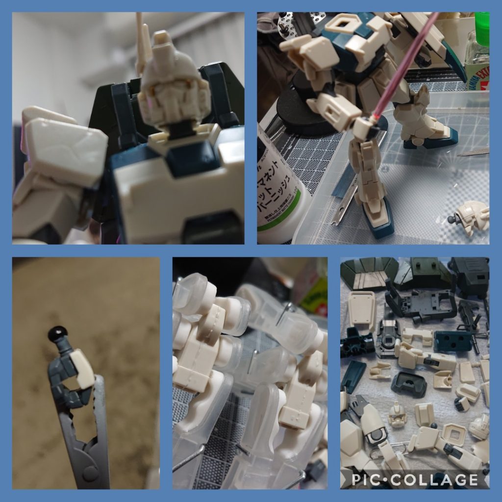 まずは素組みから。ここで問題が。。😳💦首と手首のポリキャップがゆるゆるで特に首はゆるゆるというよりスッカスカでまともにはまらなかったのです。。とりあえずマットバーニッシュでなんとかなりそうな気配もなかったので手首ポリキャップ部分は黒い瞬着を塗布して少し太らせました。首は受けの方を太らせつつ、後述するミライトLEDに差し替えることで根本解決させました🙋その他、肩部分にめっちゃウェルドライン(線模様)あったのですが、普通にヤスリで表面処理したら綺麗に消えました😃合わせ目消しは前腕だけやりました(最終的には完全に消えませんでした。。😧)パーツは少なめだったので洗浄はサクッと終わりました🙋