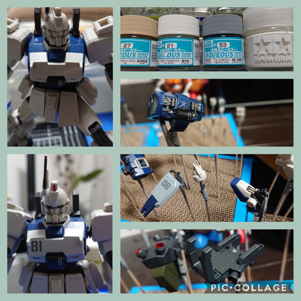 いよいよ塗装(画像上半分)&つや消し(画像下半分)工程です。メインの色(ホワイト系)は説明書の指定色ではなく、どちらかというと箱絵の感じに近付けられたらと考えて、グランプリホワイトを中心にライトブラウンとニュートラルグレーで調整したオリジナルカラーを用意しました。まぁ、元々の成形色とそんなに変わらないんですけどね😅また、胸部装甲で隠れてしまうボディユニット部分も細かく塗ってみました。これぞまさに自己満足の世界ですが、まぁ、気に入ってます😳(隠れてしまいますけどね。。😌💦)塗装からのつや消しですが、当初はしっかりウェザリングするつもりだったんです。ただ、つや消しまでやってみたら思いのほか塗装面が(自分の中の基準で)綺麗に仕上がったので汚すのが惜しくなり、今回のコンセプトと照らし合わせ(つじつま合わせ😅)ウェザリングはしない事にしました😃✨つや消し自体も前より上手くできたので大変満足しています😌🍀
