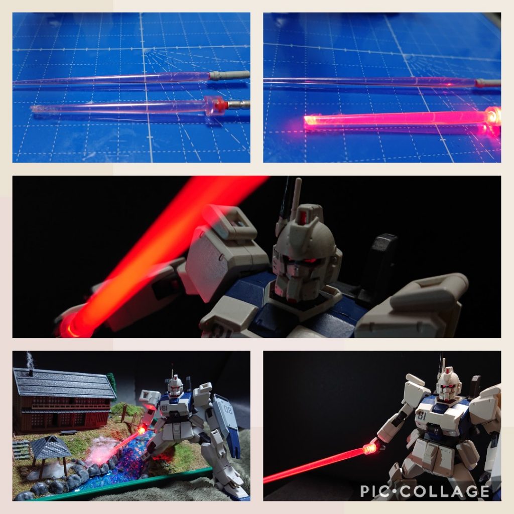 【ビームサーベルの発光表現について】2本あるビームサーベルのうち、1本は温泉にぶっ刺す表現のために先端をある程度切断しました。あとは手元をミライトLEDにし、ゴムキャップ的なもの?でサーベル部分と繋げてあげるだけです。本当ならもっと手の込んだ加工をするのでしょうが今回はこんな感じで簡単に済ませてしまいました😅でも写真ではそんなに違和感なくしっかり光って見えてるのかなと思います😆💥⚔️
