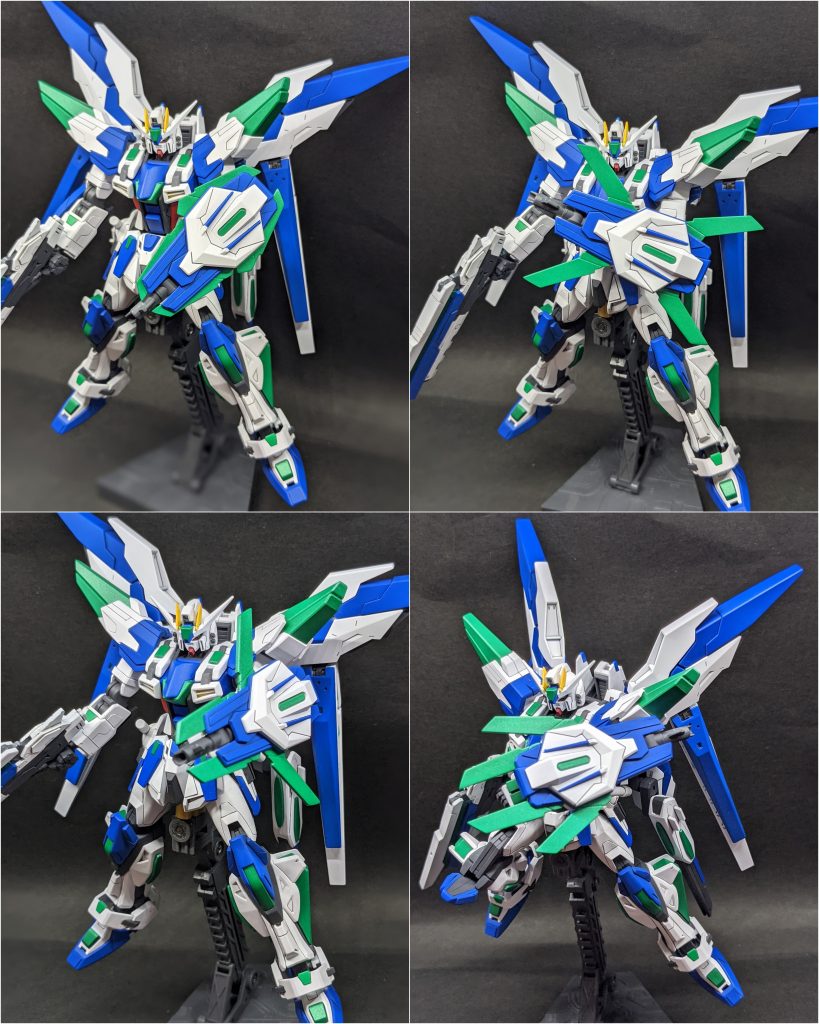 スターダストシールドシールドも状況に合わせて変形できる。クリアパーツをX状に展開するとアブソーブシステムで広範囲のビームも吸収できるようになり、弓状に展開すると吸収、蓄積したエネルギーを盾先の銃口からビームが撃てる。クロー状に展開して近接戦もできる。ユニコーンのシールドとバンシィのアームドアーマーを参考にしています