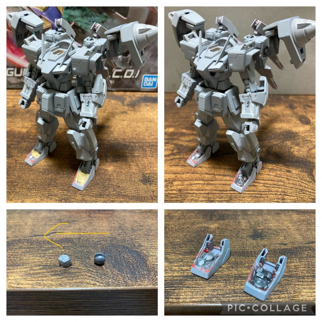 あのてんこ盛り装備でどうやって立っているかの秘密です。あそこまで装備を盛ると自立は不可能なのでつま先に重りを仕込みました。どうしても台座なしで立たせたかったので😁ダイソーで売っていた釣り糸に挟むタイプの重りをペンチで小さくして入れました。隙間部分には重りを半分に切って入れたり、パテを盛って入れたりして何とか立たせることが出来ました‼️ファング付きで立った時はめちゃくちゃ感動しました(๑´ω`๑)こだわりポイントその3です(´ω｀*)