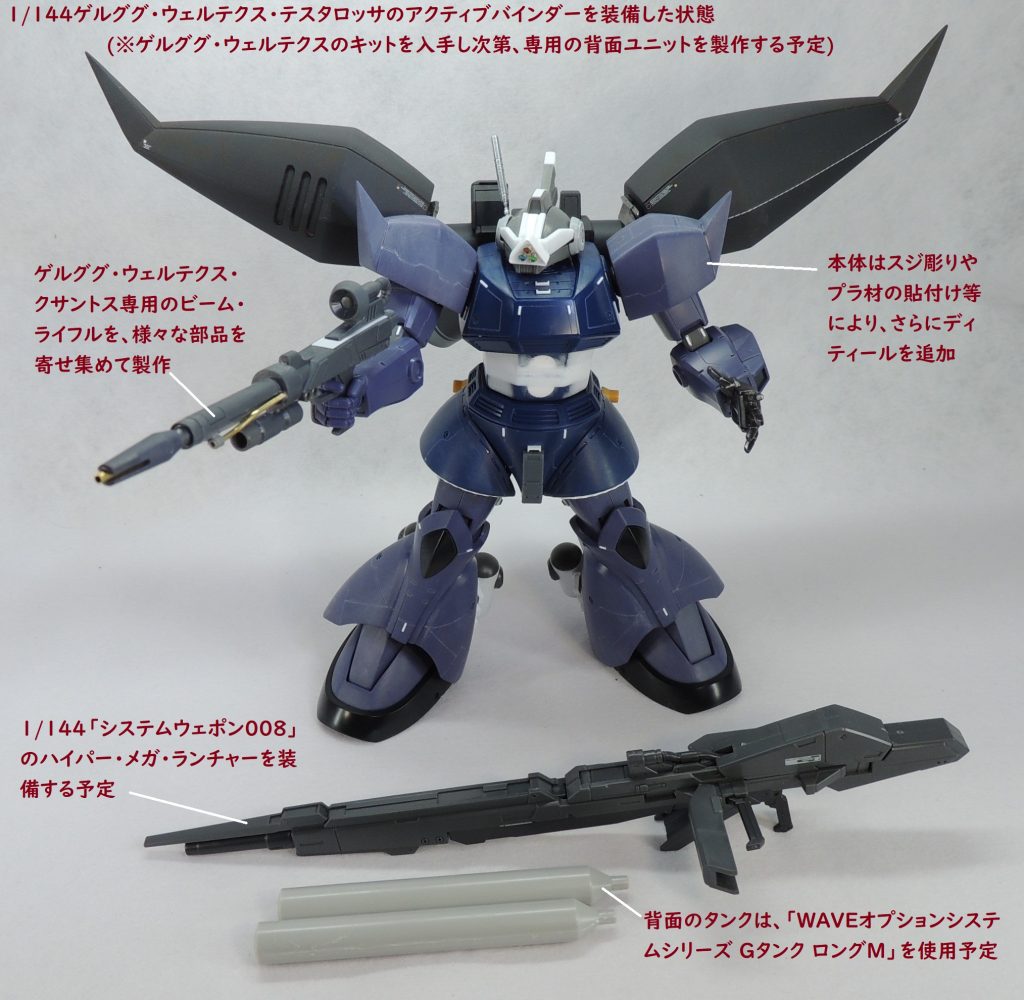 2021年6月にゲルググウェルテクスのキットが着弾することを見越して、事前に本体及びロングレンジライフル等の製作にとりかかっていました。この時のベースキットは、リゲルグ(ユニコーンver.)であり、撮影時はテスタロッサの背面ユニットを仮付けしています。白い部分はプラ板や瞬間接着パテを使用しています。