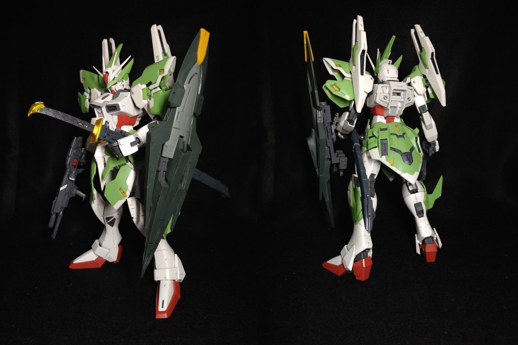 通用形態基本武装はインパルスのビームライフルの他、近接用に刀剣とクロー内蔵型のシールドと肩部に固定武装のキャノンを装備