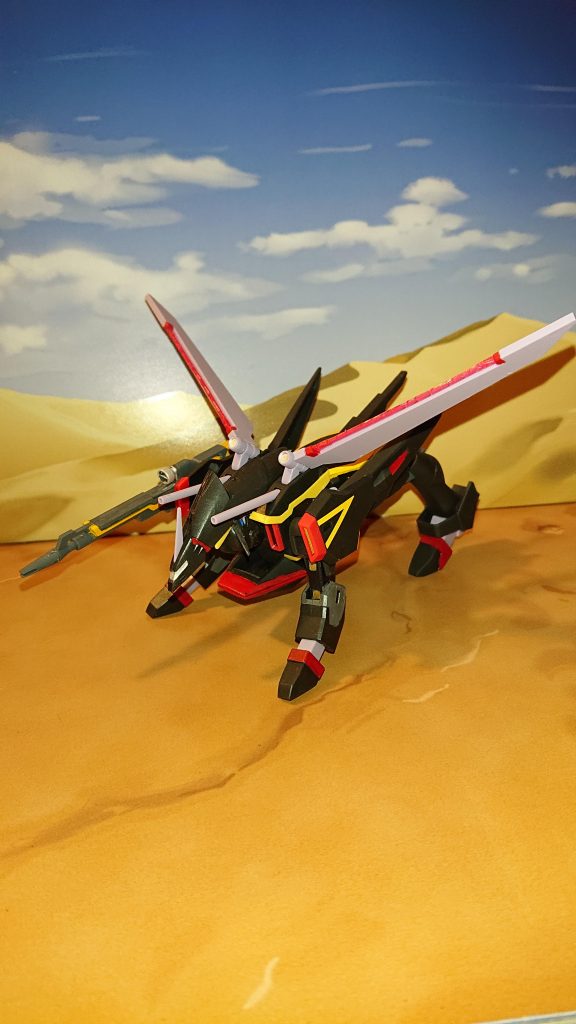 ガイアといえばわんわん形態よね♪発売当時は素組オンリーだったので MS形態はプロポーションが微妙だったのでこのMA形態で飾ってましたwハイネー！！ のシーン再現したかったのですがハイネ専用グフイグナイテッドも持ってなーい( ´△｀)一般機は持ってる。