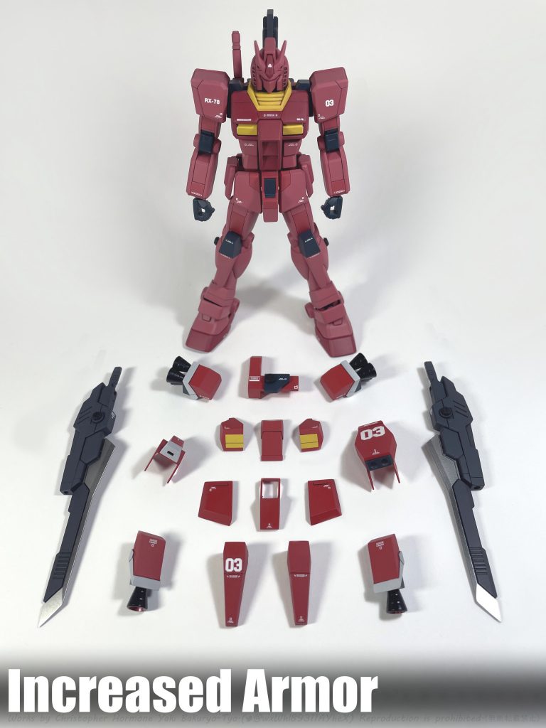 ・増加装甲増加装甲は全てフルスクラッチで制作しました。形状は「レッドウォーリア」を参考にしつつ、「パーフェクトガンダムシリーズ」や「FSWS計画」の要素も取り入れています。フルアーマー状態はパーフェクトガンダムの中でも異彩を放つ「レッドウォーリア」を「PF-78-2/FA-78 パーフェクトガンダムⅡ/フルアーマーガンダム」に寄せたイメージでデザインしました。一方でキャストオフ状態では、どちらかと言うと「(アメイジングな方の)レッドウォーリア」らしい¨ヒロイック¨なイメージで改修しました。