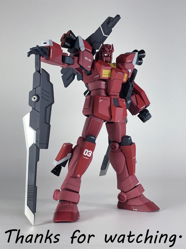 感想・まとめガンプラを作る者ならば、一度は夢見る「フルアーマー化」をしてみました。初挑戦なので諸兄方と比べると見劣りしますが、とりあえず形にはなったので良かったです、今回の反省を活かして次に繋がればいいなと思いました。当初は息抜き制作だったのですが、途中から真面目に作り始めてしまいました。それと、今回からカメラを変えてみたので、多少は画質が良くなっていると思います。最後までご覧くださりありがとうございました！！（追伸）此処に記すべきではないのかも知れませんが、過去にこのサイトに投稿しました、自分の作品の画像と文章が海外のサイトに無断転載されてしまったので、今回から対策として投稿画像の全てに自分のサインと注意書きを記す事としました。