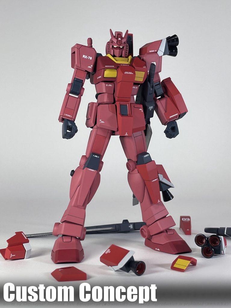 制作概要「レッドウォーリアの装備外装化と増加装甲の完全脱着」がコンセプトなので、「レッドウォーリア要素の補完をしたフルアーマー状態」と「レッドウォーリア要素を引き算したキャストオフ状態」の両形態の改修を¨偏り無く¨行いました。それぞれの増加装甲の本体との接続はネオジム磁石を使用したので、スムーズに脱着が可能です。