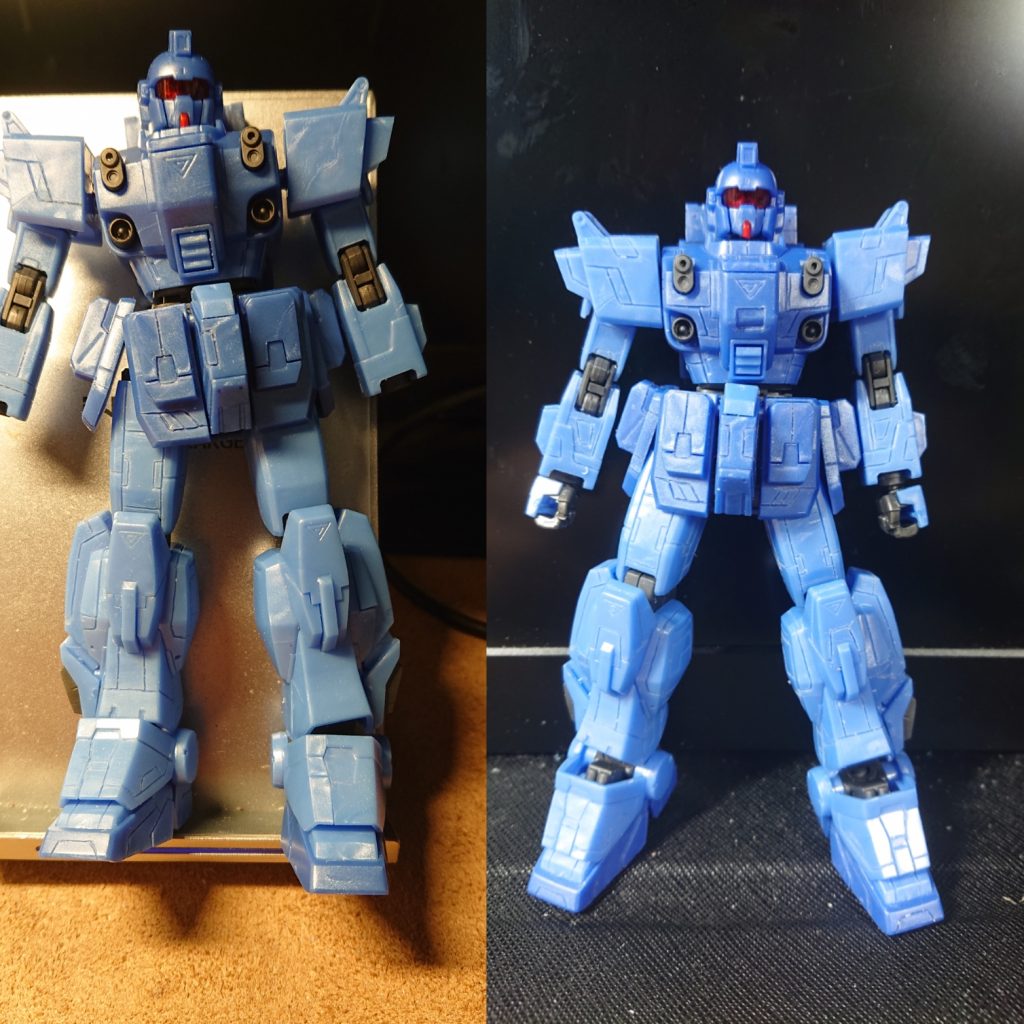 普段ジオン系ばかりなんで…連邦の角張った機体見たら、やたらと彫りたくなってしまった。写真左の右半身で止めるつもりが…結局写真右まで彫る※後で更に追加してる…