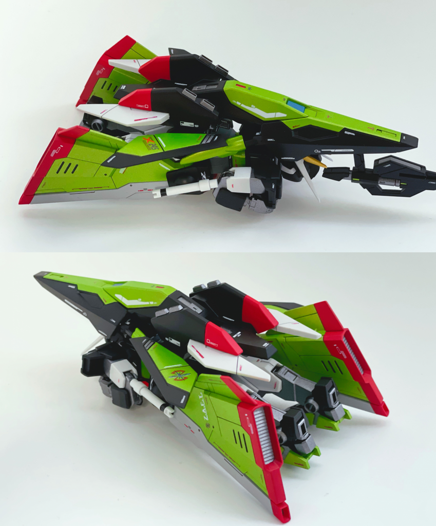 ■カオスデルタフライヤーサイドスカートのアイデアはフライヤー形態のフォルムを考えていた時に採用しました。△フォルムの特攻機のような仕上げにしています。