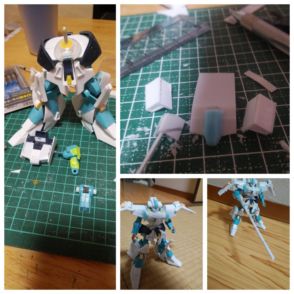 プラ板、プラパイプ、プラ棒、ポリキャップ、ホネホネザウルスのランナー、バッグクロージャー、ビービー弾、へし折れたデザインナイフ、ランナー、飼ってる小鳥の要らなくなった水入れさまざまなプラ材を大量投入!パテは未使用、というか使えない、使える技術がない。