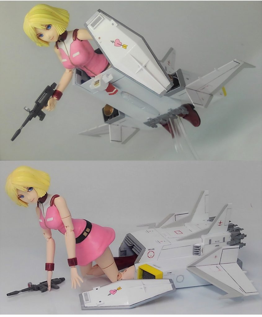リクエスト？のあったMA形態セイラｗです。左右の補助ブースター的な物は上下が逆ですがこの方が収まりが良かったので。そういえばガンダムがこんなんで戦ってたような記憶がありますね。最後までご覧いただきありがとうございました。