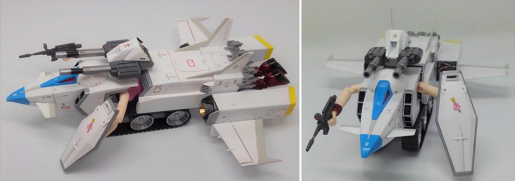 分かり辛いかもですがセイラさん格納状態のGアーマーです。うつ伏せで格納します。通常状態のように盾を両側に1枚づつ横向きに装着できますが、分りやすいようにビームライフルと盾を変な感じに構えさせました。