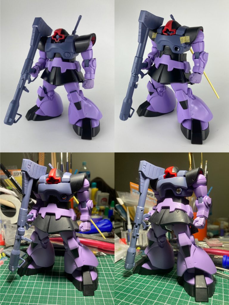 左上:キットの状態右上:肩位置と腹部の接続を調整左下:太ももと足の接続位置をずらして調整右下:バランス調整完了