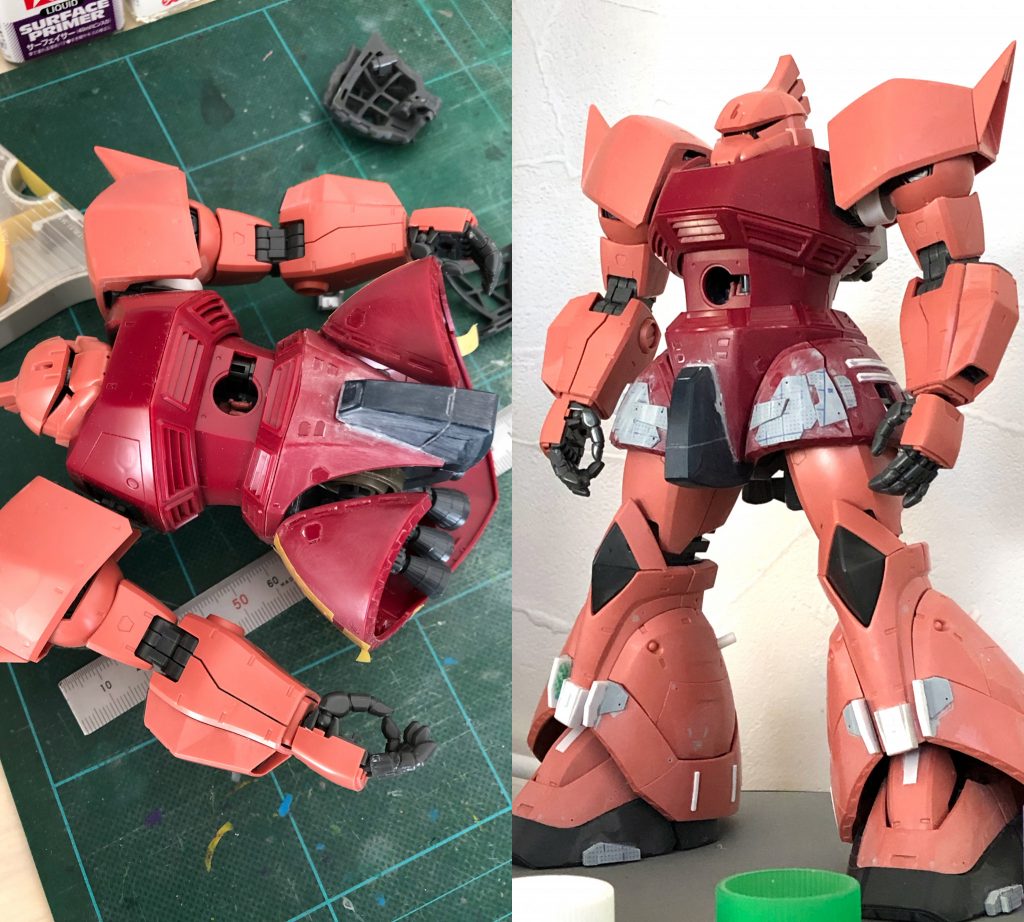 プロポーション変更のポイント　次はプロポーションとして大きく変更される部分からです。仮組みでかなり満足できる雰囲気で一番の懸念のバックパックも目処が立ったし、膨らんだお腹につるんとした股間にスカートアーマーが姿が「女の子」っぽく感じたので漢らしい雰囲気にしたくて股間ブロックを増設します。　ワタシは個人的にムーバブルフレーム採用前のMSの股間はしっかりしてないと2脚ロボとして耐久性、機能性とも物足りなく感じるので大型化することが多いです。パーツ的に高負荷に耐えられる頑丈さと稼働する熱を逃がす機能が必要なのと姿勢制御機能のパーツなど股関節周りには多くの機械的機能が求められると思うからです。　色々たいそうなこといっていますが工具箱に入っていた20年前くらいのMGザク1.0の股間パーツをくっつけただけです。