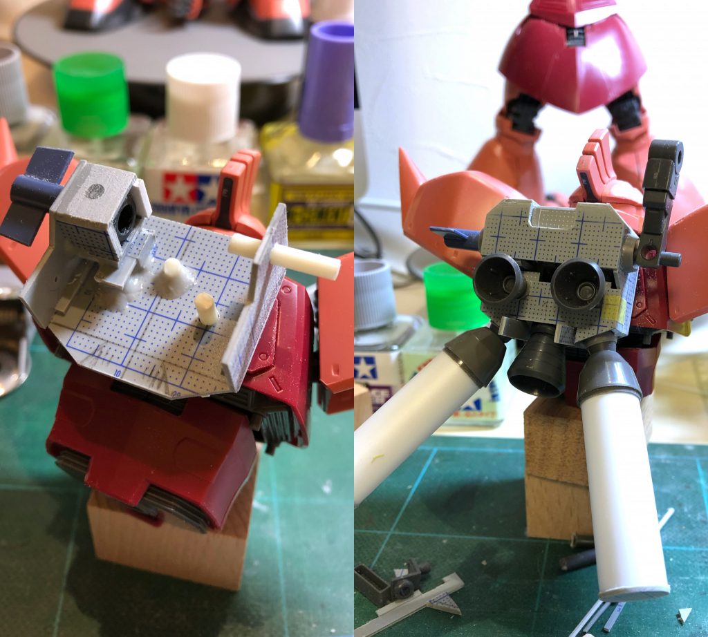 人生初のスクラッチ　まず取りかかったのはバックパックのスクラッチでした。結局、コレができなければ思い通りのゲルググは作れないので、制作の取捨選択をするためにも最初に行う必要がありました。シールドとライフルもマウントできるようにと思っていたので、背負いものを軽くしたくてプラ板の箱組みで作りました。　重量物であるシールドのマウントが可能なようにマウントアームとの接続には前作のズゴックで余った関節軸とポリパーツを流用しています。ライフルの方は軽いので3mmプラ棒です。本体とバックパックも本体のポリキャップを活かしつつ、3軸接続です。試行錯誤はしたものの思ったよりもすんなり作れたので全身の改造に移行します。