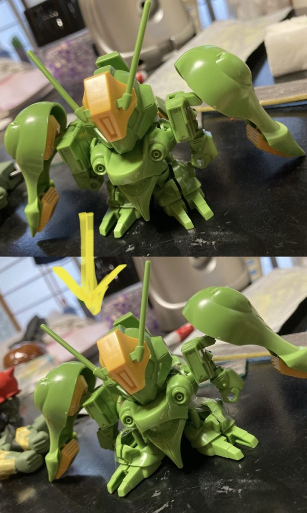 素組みだとスマート過ぎる気がしたので、ゴツくなるようなプロポーション変更にチャレンジしてみました。💪('ω'💪)腕の角度も表情をつけたかったので、切り離してから外側に傾けて接着してみました。楽しかった(  ◜ω◝ )♪ 