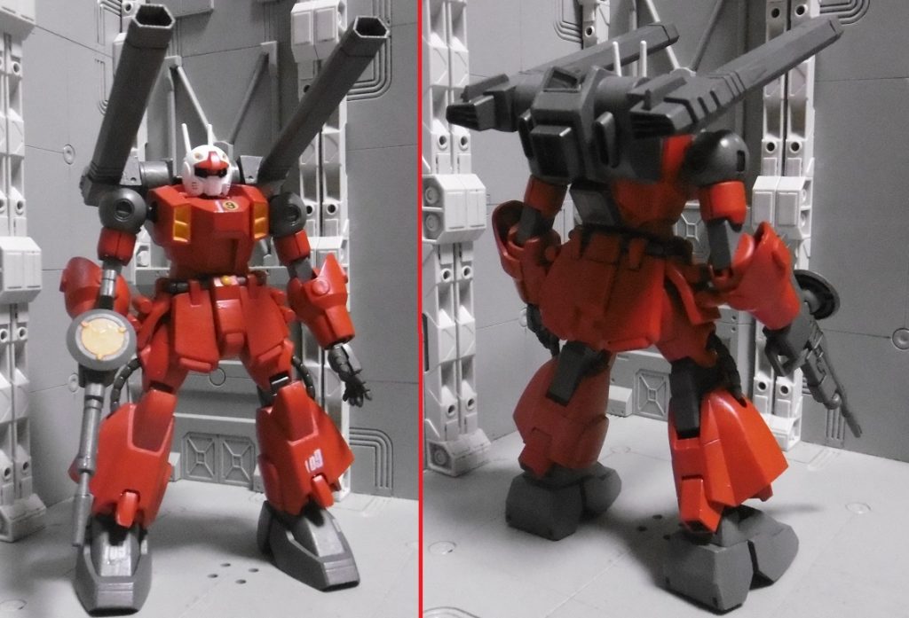 ニセがんだむ同様、頭のみ本物+SEED系の構成にしています。頭:HGUCガンキャノン(リヴァイブ版)胴:HGザクウォーリア HGブレイズザクファントム HGバクゥ腰:HGザクウォーリア腕:HGドムトルーパー脚:HGザクウォーリアザクウォーリア箇所はザクファントムと全く同じなのですが、なぜ敢えてウォーリアの物を使ったかは、ニセがんだむ作りの練習用として、工作を試すも塗装せず放置していた状態。要するに、ジャンク品の再利用です。バックパックもニセがん構成で余剰になった基部を再利用し、バクゥの450mm2連装レールガンをポン付け。スタビライザーのあった所からPCを抜き、MSパネル01を接着して埋めています。