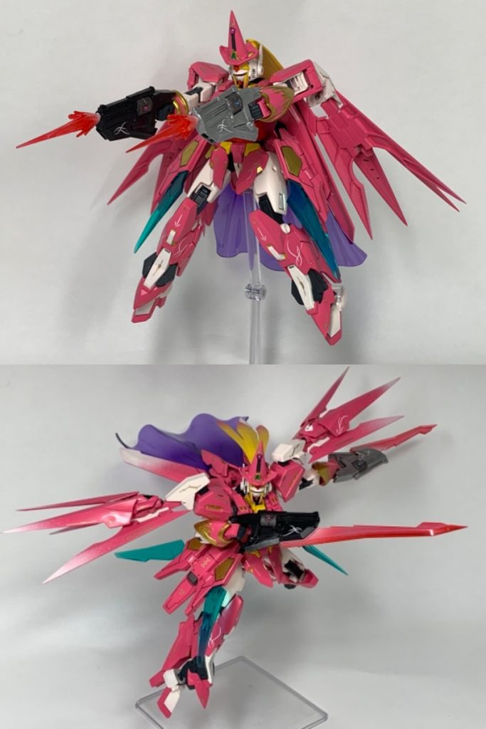 メイン武装は黒と銀の魔弾銃。通常時は速射可能のビームライフルとして使用されるが、バレットを交換することにより様々な魔弾を放ちます。また、銃身下部からはビームサーベルを発振し、近接戦闘にも対応します。