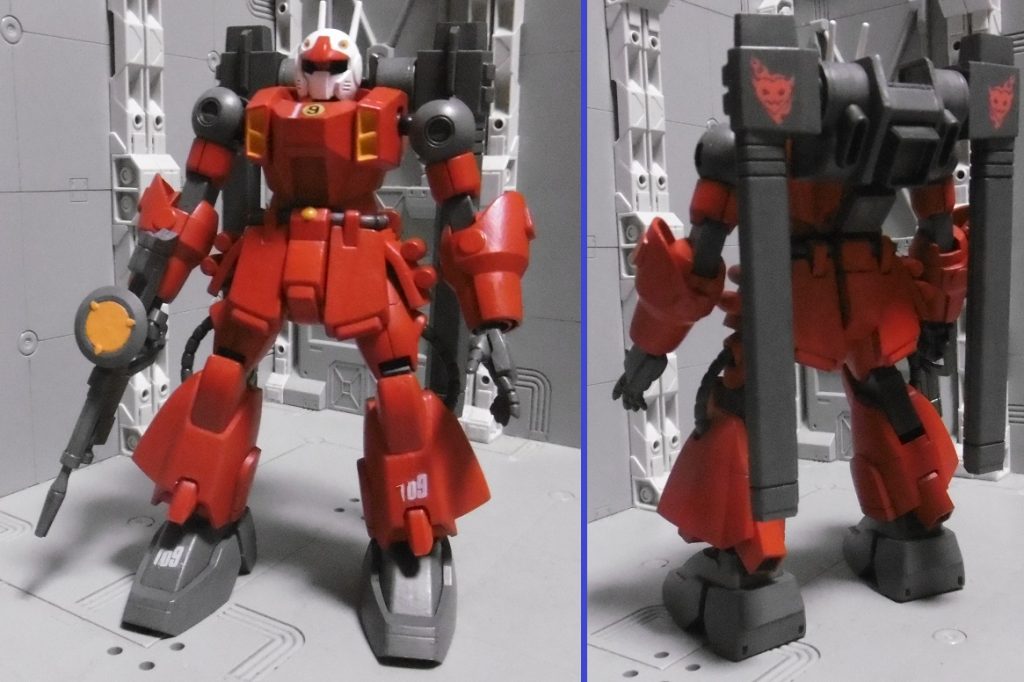 キャノンは肩に接続していないため、非展開状態にも。ニセモノなので全く関係ないデカールを見えなくなる箇所に転写。腰上部の黄色いディテールはMSGリベット接着で。数字は全てマーキングシールで、胸部の1⑨は1がHGUCジェスタから、⑨(元は③だったのをマーカーで⑨に書き換えた)はHGUCジム・スナイパーⅡから、脚の109(元は009で、左端を1に見えるよう切り取り。後から左端を追加したので位置が歪んだ)はHGドムトルーパーから。CE世界にサトーがいるなら、コバヤシだっているかもしれない。