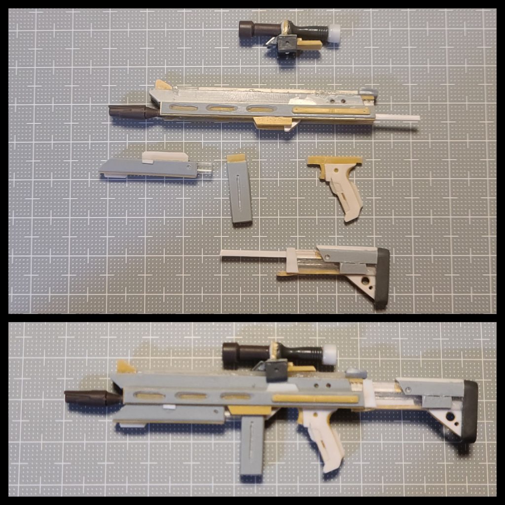 銃は、プラ材とジャンクパーツで自作しました。見えてないですが芯にはコの字型のプラ材を使用していて、これがパーツごとの接続に便利なんです。