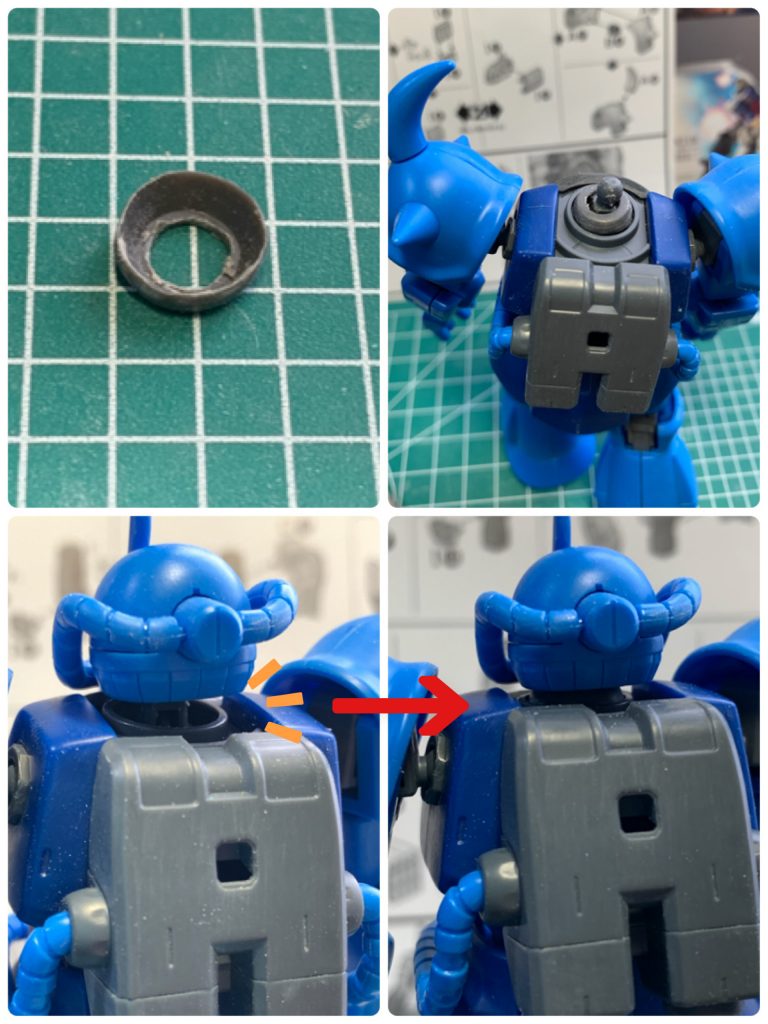 首が浮いてスカスカ感があったので、ジャンクのバーニアパーツを加工して埋め込みました。
