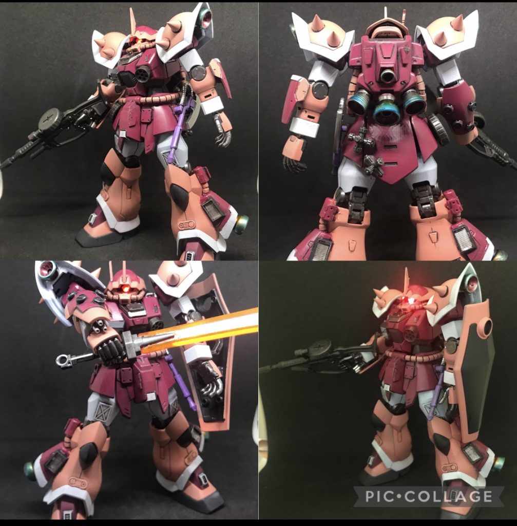 基本塗装完了後。本体は黒サフ後にクレオスのシャアピンク、シャアレッドを使用、関節はサフ後にガイアのフレームメタリック01を使用。