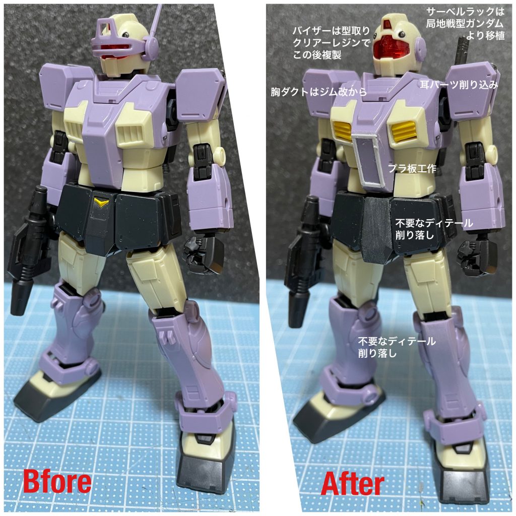 Bfore=ビフォーって、あなたオシャレな読ませ方するじゃない?インターセプトカスタムのディテールをゴリゴリ削り落して行きます。それにしても凄い配色。パナップみたいで美味しそう。オリジンのジムって漫画ではガードカスタムの顔が近いんですが、タヌキみたいな顔でめっちゃ嫌いなんですよね…でもそこはさすがのバンダイ‼︎ちゃんと設定画に近いVer.の他に、従来のジム顔と中間のデザイン画稿も準備していたのです。抜かりなし。「だって、顔が変になったせいでプラモデル売れなくなったら大変じゃん…?」
