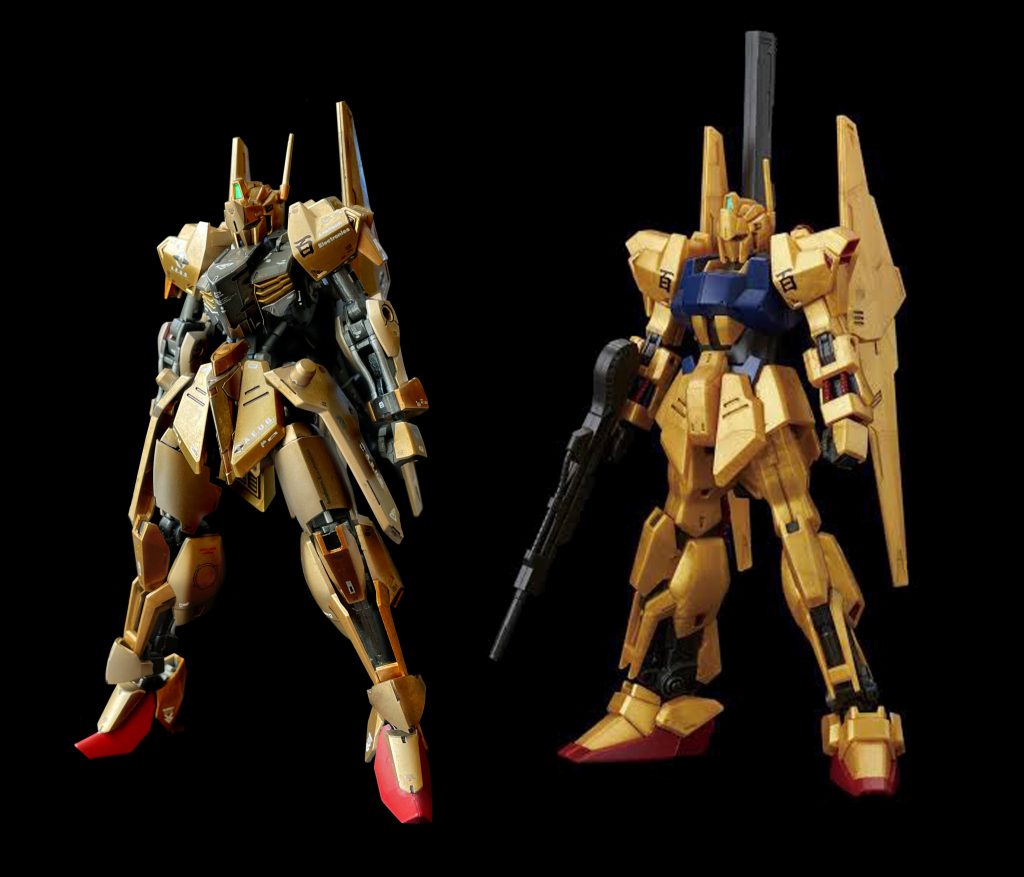 素組との比較。百式リバイブ版もかなり細身でスタイリッシュと思いましたが、徹底的に胴幅、肩の小型化によって自分にとって理想の体型にできました。