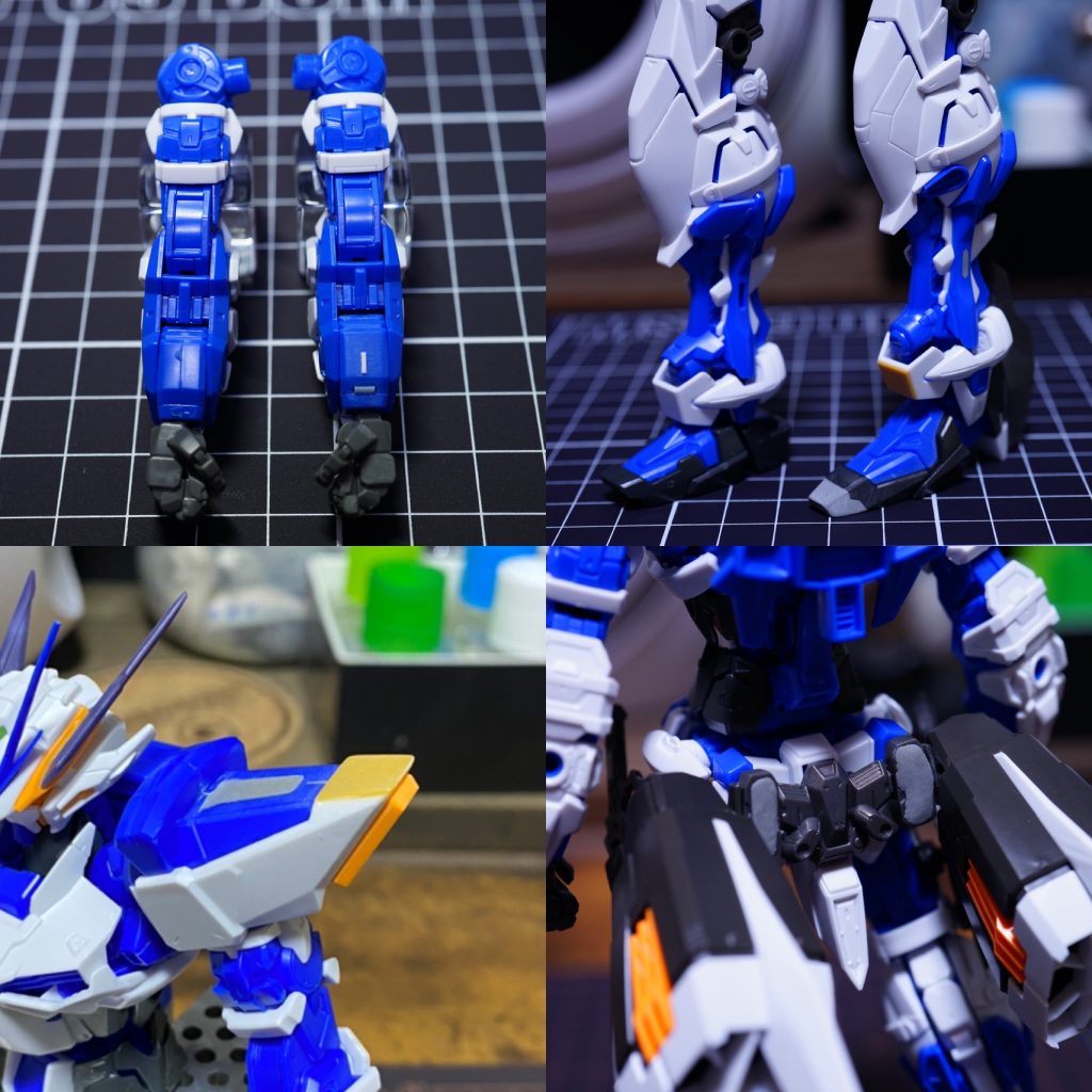 主な工作です。ハンドパーツは市販のものと交換、パネルラインの追加、プラ板でディテールアップしています。脚部は足パーツをセカンドリバイのものと交換しヒール化で8mm延長、腰との接続部で2mm延長しています。肩パーツは接続部分を切り取りパテで埋めてシンプルな形に形状変更、先端部にメリハリがなかったのでプラ板を貼り形を整えました。バックパックのブースターを腰にマウント出来るようにこちらもセカンドリバイのものを流用し接続部を作りました。