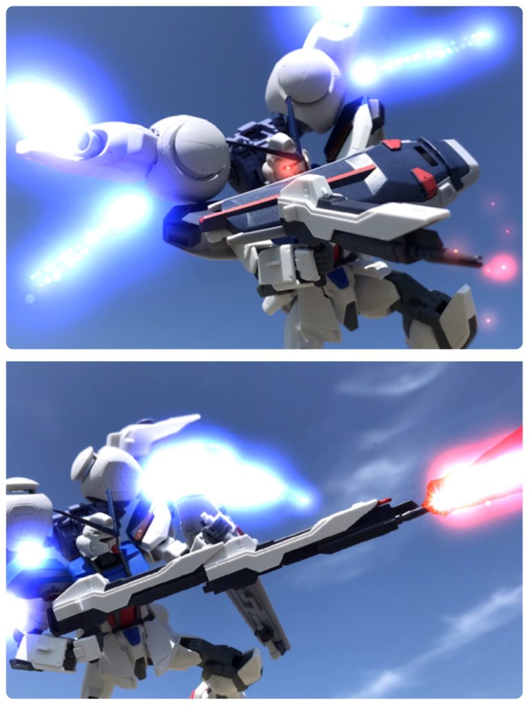 マティウス・アーセナリーが製造するビームライフルと拡張バレル。「ファクトリー」が開発したストライクフリーダムガンダムのライフルと酷似した外見だが、アングリフスは無尽蔵の電力を供給出来るNJC搭載機と違いエネルギーが有限なバッテリー駆動。稼働時間などを考慮した結果、2挺あった内の片方はライフルとしての発射機構をオミットされサブバッテリー兼ロングバレルとしての運用に特化した。ライフルを連結した際は拡張バレルからも電力を供給しMAクラスが搭載しているモデルと同レベルな大出力ビームを発射できる。