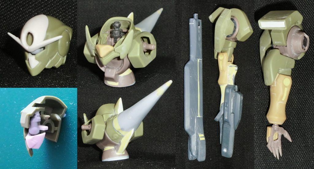 カメラ部を切り取り、奥を球パーツにすることで横から見てもモノアイがそちらを向いているように加工腹部は前傾姿勢になるようプラ板を挟んで斜めに背中の尖がりはプロヴィデンスのドラグーン