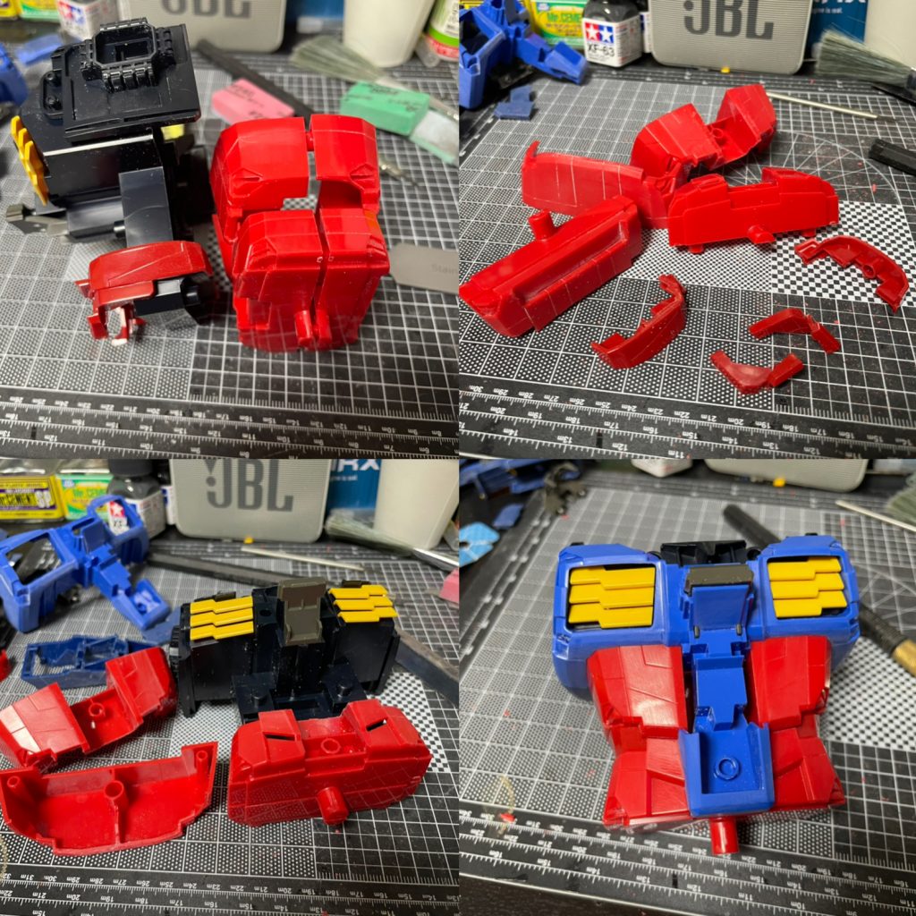 脇腹辺りにこれでもかって程の合わせ目が出来るので、前後合わせのパーツを上下に分割。内側のあらゆるものを切り飛ばして青い装甲で押さえるようにして合わせ目消しました。真ん中辺りの濃い赤のパーツも同様に上下分割。赤の塗装はヨシムラレッドをピンクサフとメカサフ下地に分けて色違いに見せてます。赤は下地の影響が大きいのでちょっとの違いを出すなら下地で調整しちゃいます。