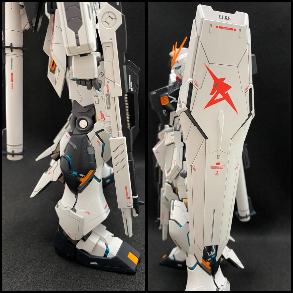 ビームライフルは一部をメタリック塗装。シールドのエンブレムは、別売りのガンダムデカールを使いました。νガンダムといったら、これなので。