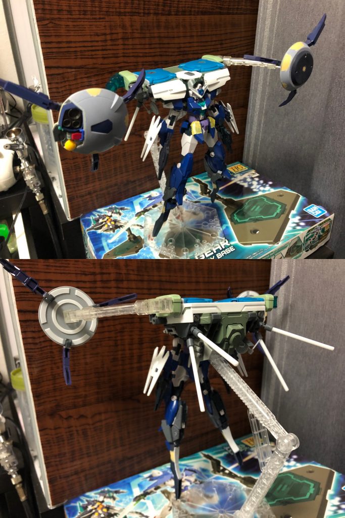 塗装前写真今回は塗装直前写真を撮り忘れました。こちらはビームカービンとセンサービット以外の工作が完了した状態です。プロヴィデンスとRGエヴァの輸送台をはじめ使用パーツがよくわかると思います。