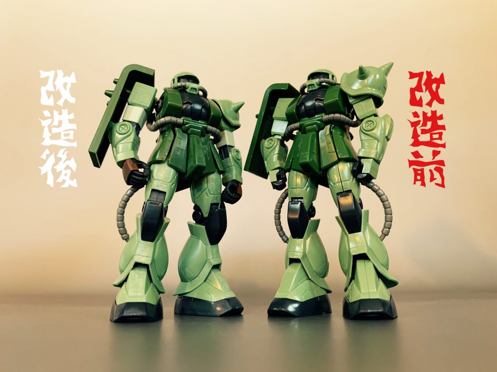 関節改修完了後、無改造の素組みキットと改修前後の比較をしました。