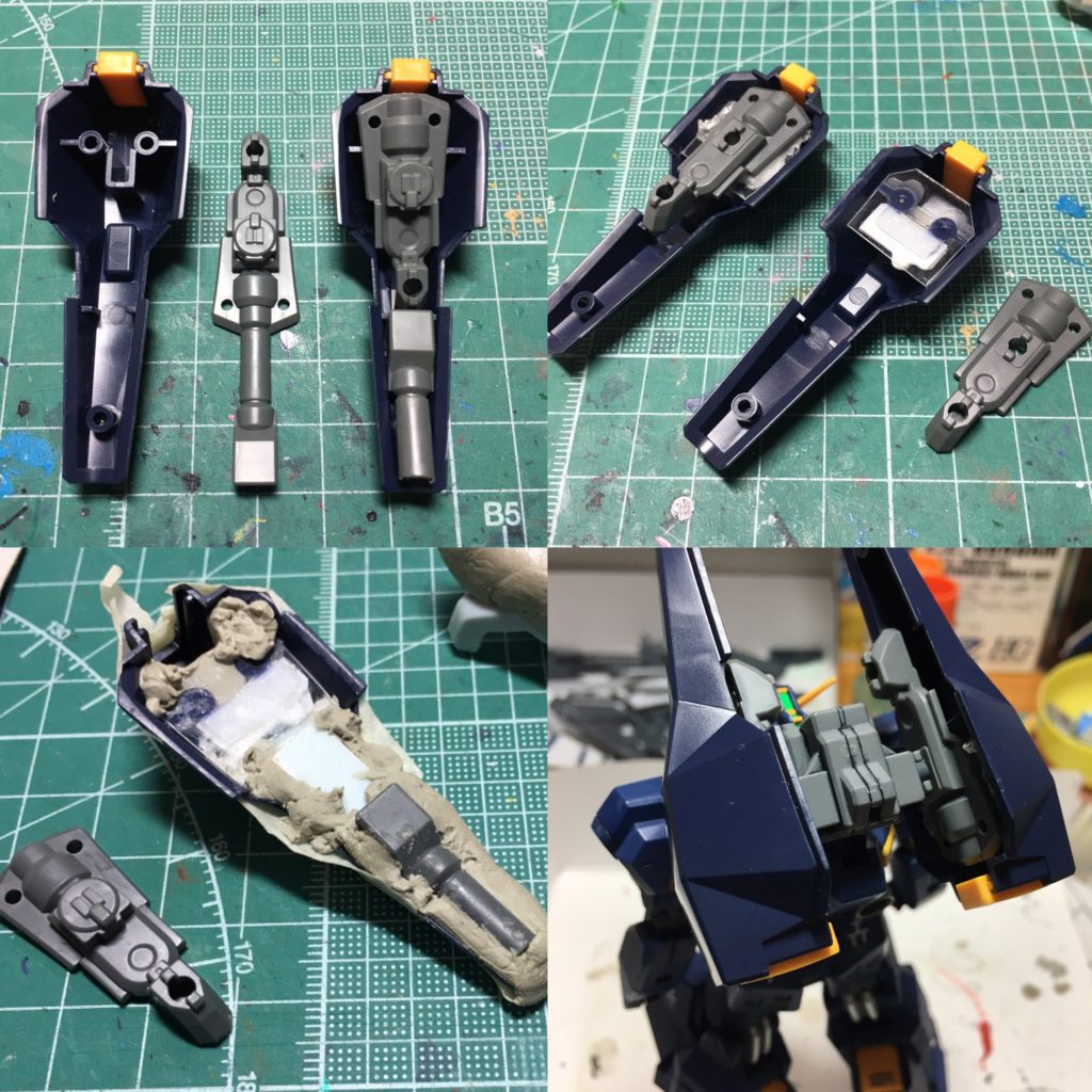 ⑤簡易型シールド・ブースターはハイゼンスレイ系で余るシールド・ブースターの装甲と、ラーⅡで余るフルドドⅡ用のウインチキャノンの裏打ちパーツで構成。裏打ちパーツがそのままではおさまりが悪いので、半円状のパーツのくびれた部分から分割、裏をプラ板でかさ上げしてからエポパテで埋めています。おかげで本家のシールド・ブースターよりもずっしりと重くなりました。　マルチ・コネクター・ポッドに接続する用に平面部の穴は3mm径に拡大、KPSランナーで接続します。