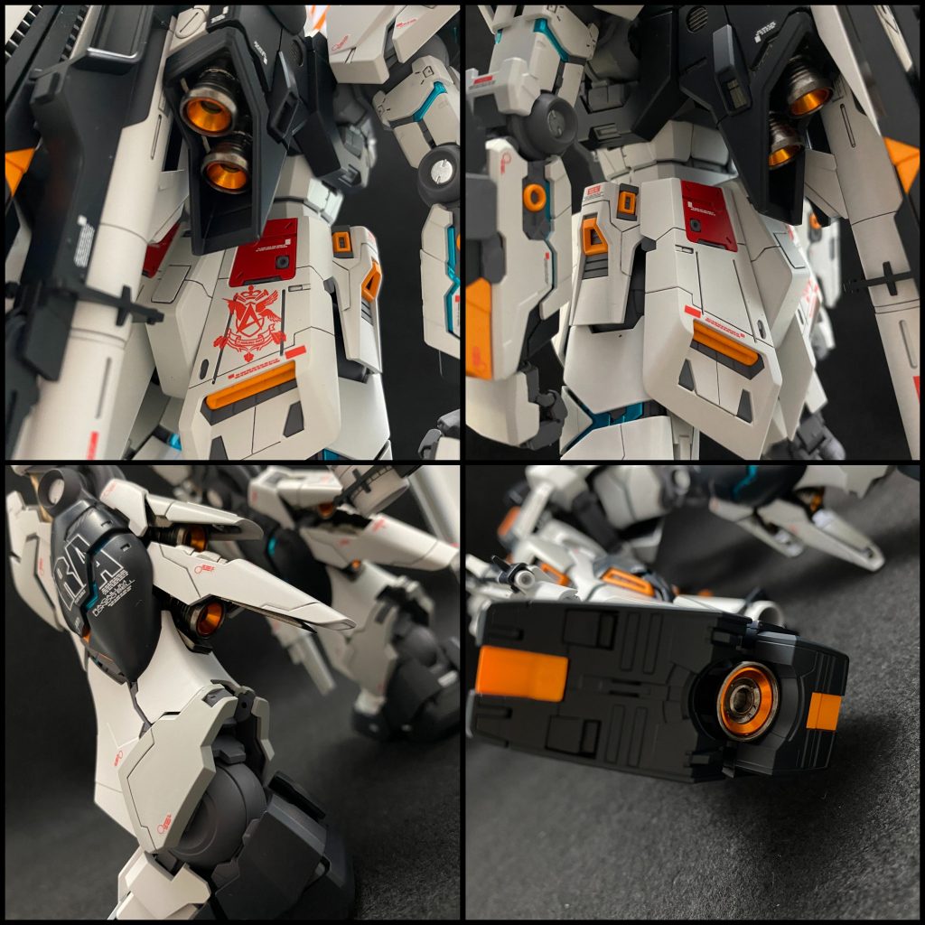 バーニア(スラスター?)の塗装も頑張りました。黒下地にガンメタとスターブライトシルバーを少量混ぜたものを塗装。オレンジのとこは黒→スターブライトシルバー→クリアーイエロー+クリアーオレンジです。